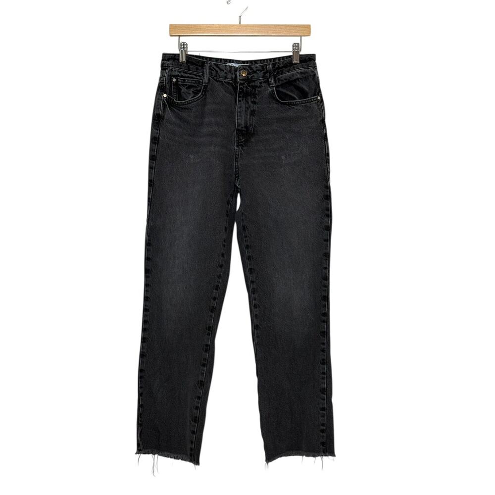 Zara High Rise Mom Fit Black Denim Jeans Raw Hem 5-Pocket Women's